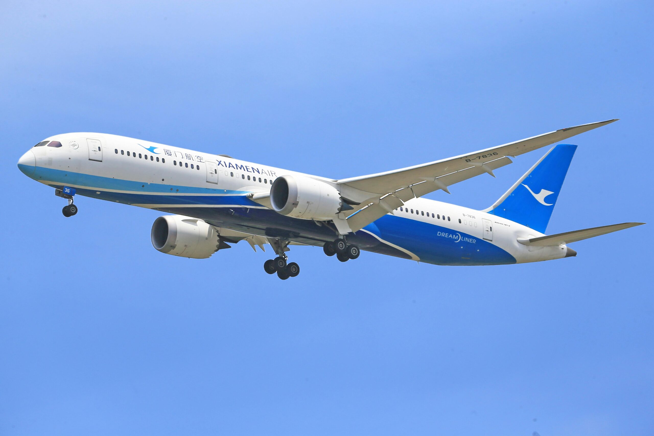 Xiamen Airlines plane in blue sky.