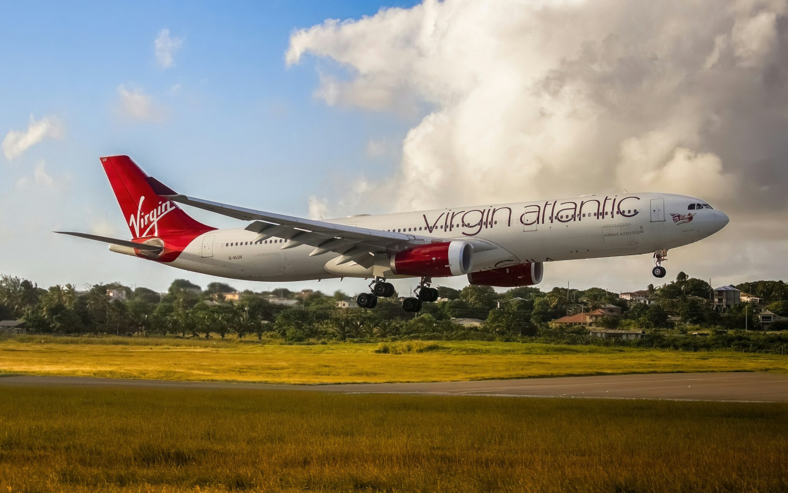 A Virgin Atlantic airplane taking off.