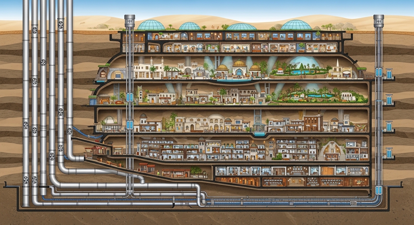 Desert Underground Cities With Passive Cooling Mazes