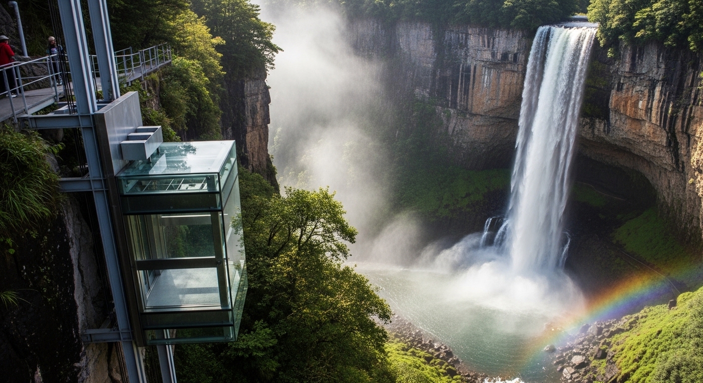 Waterfall Elevators Carved Into Cliffs
