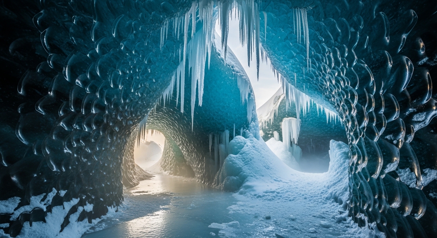 Ice choir caves where wind sings underground